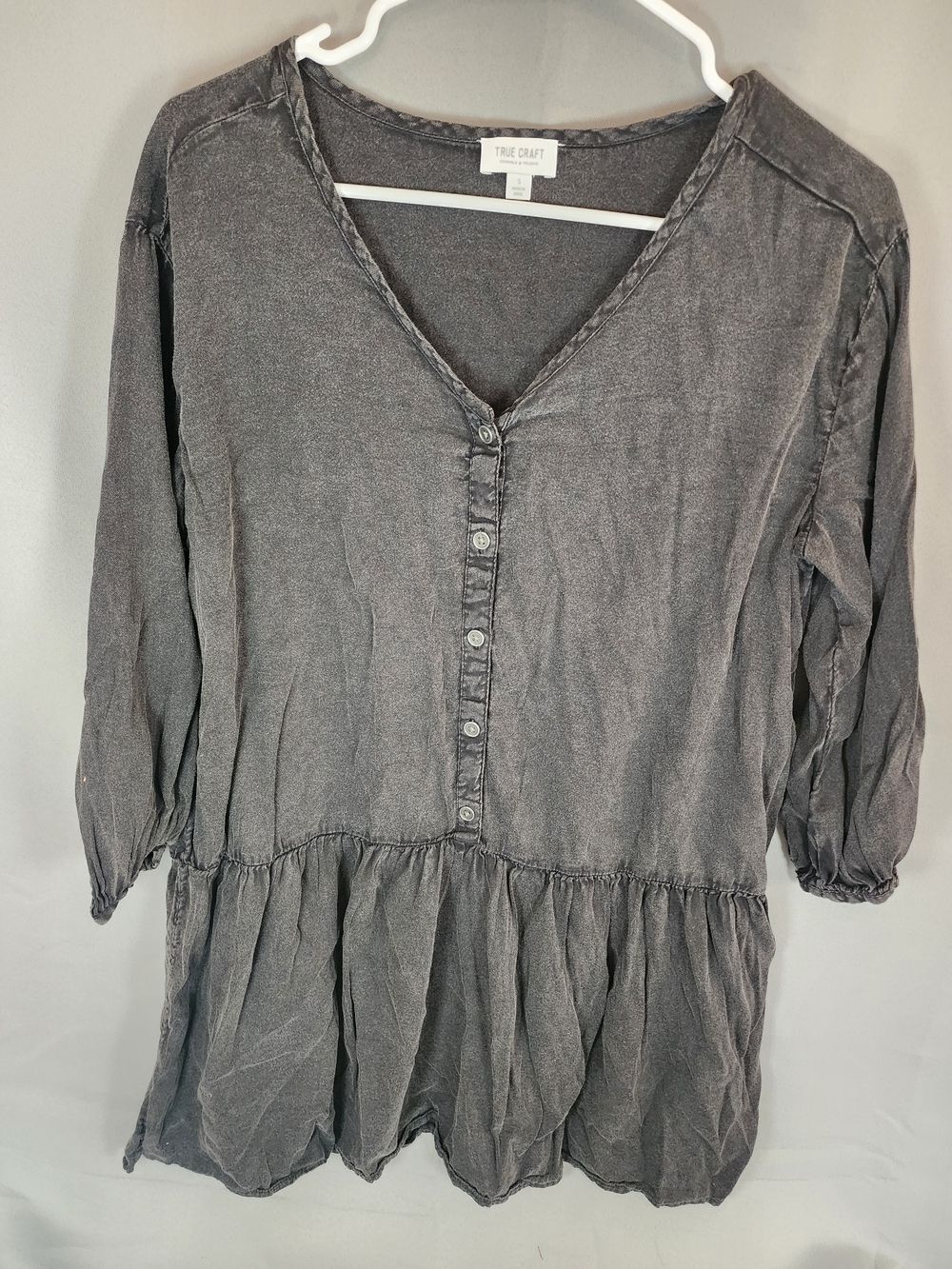 True Craft Washed Charcoal Button-Front Peplum Dress